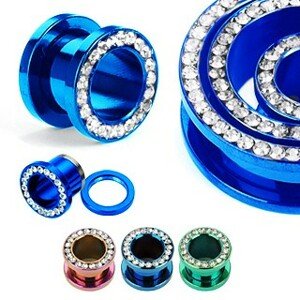 Barevný anodizovaný tunel do ucha z titanu se zirkony v kruhu - Tloušťka : 3 mm, Barva piercing: Modrá