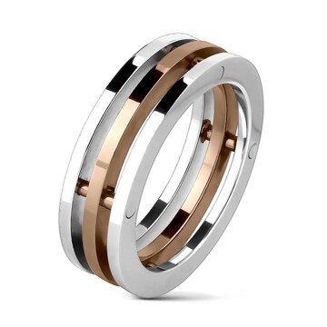 Ocelový prsten - tři pruhy, středový pás měděné barvy - Velikost: 67
