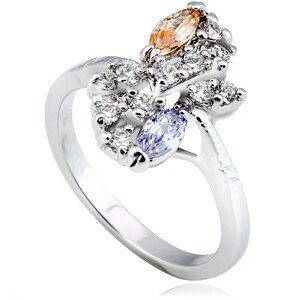 Lesklý prsten z kovu - stříbrný, květ, barevné zirkony v diagonále - Velikost: 59