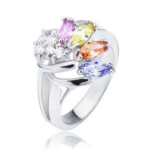 Lesklý prsten stříbrné barvy, vějíř z barevných a čirých zirkonů - Velikost: 56