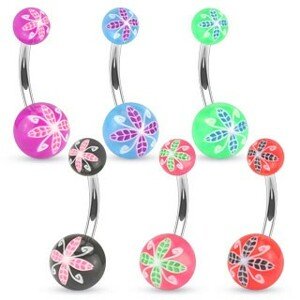 Piercing do pupíku z oceli, barevné kuličky z akrylu, květinový motiv - Barva piercing: Růžová