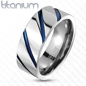 Titanový prsten stříbrné barvy, vysoký lesk, šikmé modré zářezy - Velikost: 54