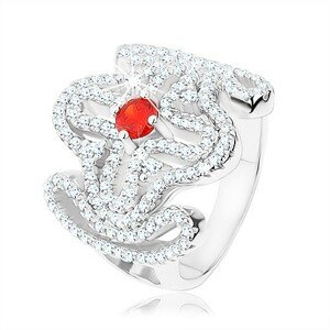 Masivní prsten, stříbro 925, červený zirkonek, rozsáhlý ornament - kříž - Velikost: 50
