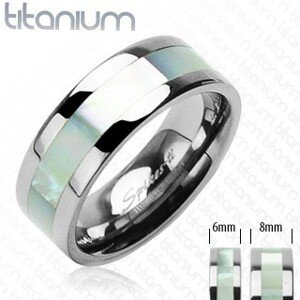 Titanový prsten stříbrné barvy s perleťovým pruhem uprostřed - Velikost: 51