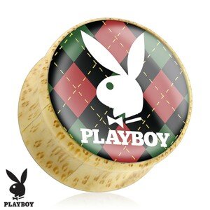 Plug do ucha z bambusového dřeva, zajíček Playboy na károvaném podkladu - Tloušťka : 22 mm