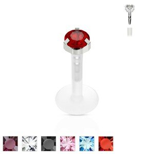 Labret z chirurgické oceli a z BioFlexu, kulatý třpytivý zirkon - Rozměr: 1,2 mm x 6 mm x 2 mm, Barva zirkonu: Fialová - A