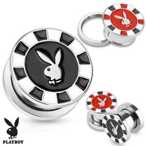 Tunel plug do ucha z oceli 316L, stříbrná barva, zajíček Playboy - Tloušťka : 12 mm, Barva piercing: Černá