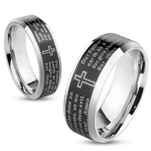 Prsten z oceli, stříbrná barva, černý pásek s modlitbou Otčenáš, 6 mm - Velikost: 65