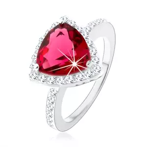 Stříbrný prsten 925, trojúhelník, růžový zirkon, blyštivý lem, výřezy - Velikost: 49