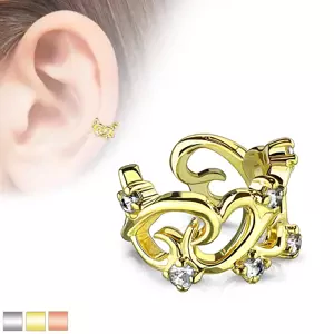 Nepravý piercing do ucha - vzájemně propletené kontury srdcí se zirkony - Barva piercing: Zlatá