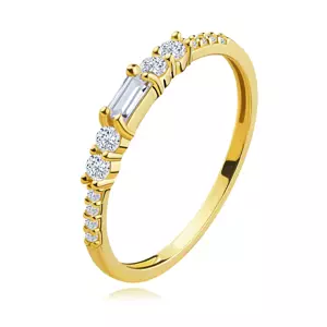 Zlatý prsten ze žlutého zlata 585 - obdélníkový a kulatý čirý zirkon - Velikost: 49