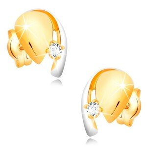Diamantové zlaté 14K náušnice, dvoubarevná kapka se zářivým briliantem