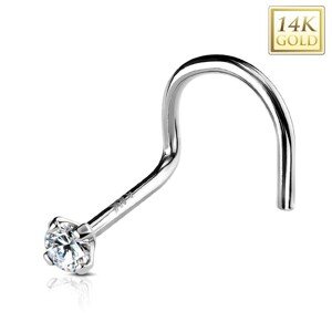 Zahnutý piercing do nosu z bílého 14K zlata, kulatý čirý zirkon, 3 mm - Tloušťka piercingu: 0,8 mm