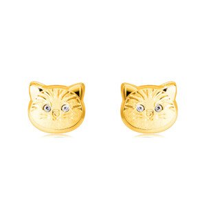 Zlaté 14K náušnice - hlava kočičky s kulatýma zirkonovýma očima