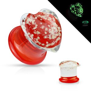 Plug do ucha, sklo Pyrex - červené a čiré zakončení, průsvitné srdce svítící ve tmě - Tloušťka piercingu: 6 mm