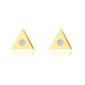 Zlaté 9K náušnice - malý trojúholník s čirým zirkonem uprostřed, puzetky
