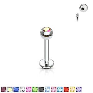 Labret tenký s kuličkovým zakončením se zirkonem 1,2 mm - Rozměr: 1,2 mm x 6 mm x 3 mm, Barva zirkonu: Světlá modrá - LB