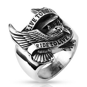 Prsten z oceli s motivem orla a nápisem - Velikost: 67