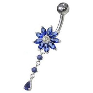 Šperky4U Stříbrný piercing do pupíku - kytička, tmavě modré kamínky - BP01119-B