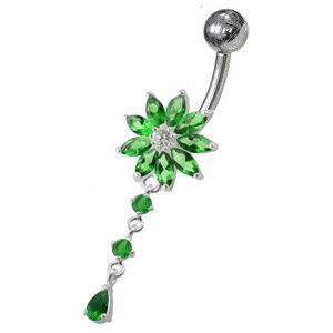 Šperky4U Stříbrný piercing do pupíku - kytička, tmavě zelené kamínky - BP01119-E