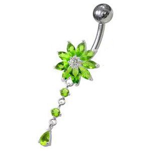 Šperky4U Stříbrný piercing do pupíku - kytička, světle zelené kamínky - BP01119-G