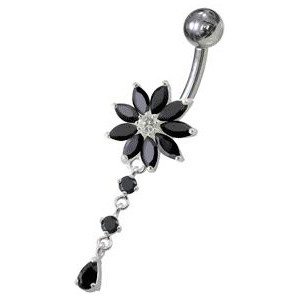 Šperky4U Stříbrný piercing do pupíku - kytička, černé kamínky - BP01119-K