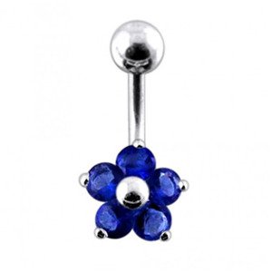 Šperky4U Stříbrný piercing do pupíku - kytička, tmavě modré zirkony - BP01070-B
