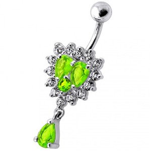 Šperky4U Stříbrný piercing do pupíku, čiré/světle zelené zirkony - BP01126-CG