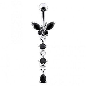 Šperky4U Stříbrný piercing do pupíku - motýlek, černé zirkony - BP01302-K