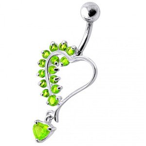 Šperky4U Stříbrný piercing do pupíku - srdíčko, světle zelené zirkony - BP01312-G
