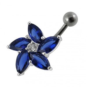 Šperky4U Stříbrný piercing do pupíku - kytička, tmavě modré zirkony - BP01159-B