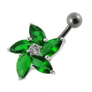 Šperky4U Stříbrný piercing do pupíku - kytička, tmavě zelené zirkony - BP01159-E