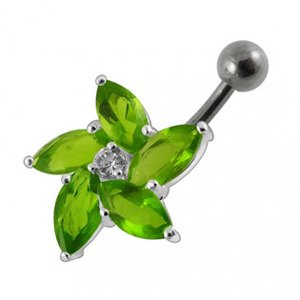 Šperky4U Stříbrný piercing do pupíku - kytička, světle zelené zirkony - BP01159-G