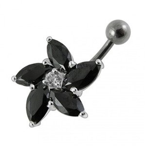 Šperky4U Stříbrný piercing do pupíku - kytička, černé zirkony - BP01159-K