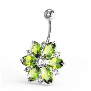 Šperky4U Stříbrný piercing do pupíku - kytička, čiré/světle zelené zirkony - BP01150-CG