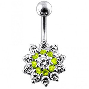 Šperky4U Stříbrný piercing do pupíku, barva zirkonů čirá/světle zelená - BP01099-CG