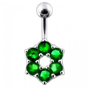 Šperky4U Stříbrný piercing do pupíku - kytička, tmavě zelené zirkony - BP01016-E