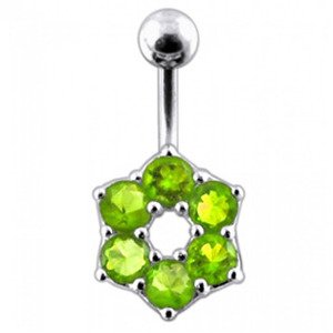 Šperky4U Stříbrný piercing do pupíku - kytička, světle zelené zirkony - BP01016-G