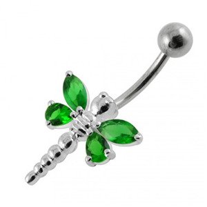 Šperky4U Stříbrný piercing do pupíku - vážka, barva tm. zelená - BP01188-E