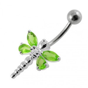 Šperky4U Stříbrný piercing do pupíku - vážka, barva sv. zelená - BP01188-G