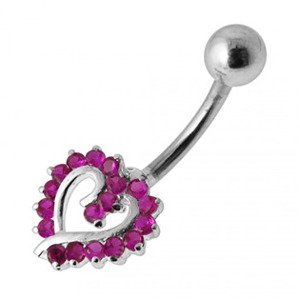 Šperky4U Stříbrný piercing do pupíku srdíčko, tmavě růžové zirkony - BP01026-F