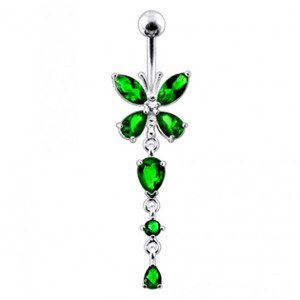 Šperky4U Stříbrný piercing do pupíku - motýlek s tmavě zelenými zirkony - BP01142-E