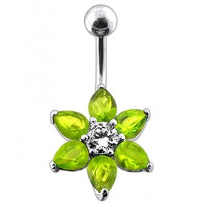 Šperky4U Stříbrný piercing do pupíku - kytička, světle zelené zirkony - BP01030-G