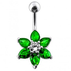 Šperky4U Stříbrný piercing do pupíku - kytička, tmavě zelené zirkony - BP01030-E