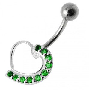 Šperky4U Stříbrný piercing do pupíku - srdce, světle zelené zirkony - BP01031-E