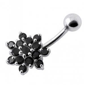 Šperky4U Stříbrný piercing do pupíku - kytička, černé zirkony - BP01032-K