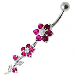Šperky4U Stříbrný piercing do pupíku - kytička s tmavě růžovými zirkony - BP01136-F
