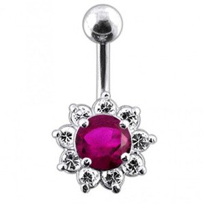 Šperky4U Stříbrný piercing do pupíku - kytička, barva tmavě růžová - BP01169-F