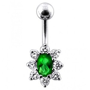 Šperky4U Stříbrný piercing do pupíku, barva zirkonů čirá/tm. zelená - BP01002-CE
